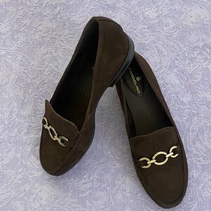 NIB Bandolino Dark Brown Suede Loafers with Gold Detail